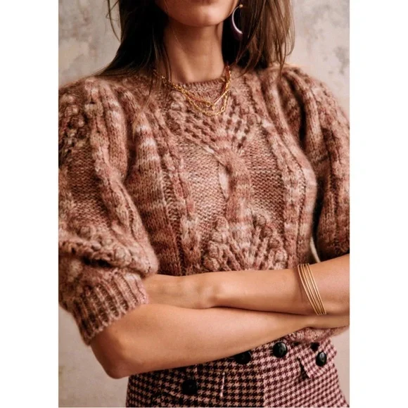 SEZANE Red Mohair Wool Cable Knit Short 3/4 Puff Sleeve Sweater Giulia Jumper XS - Picture 3 of 12